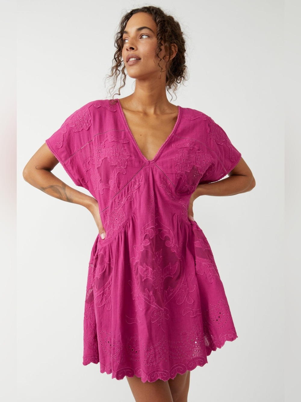 Free People Serenity Eyelet Lace V-Neck Mini Dress Magenta